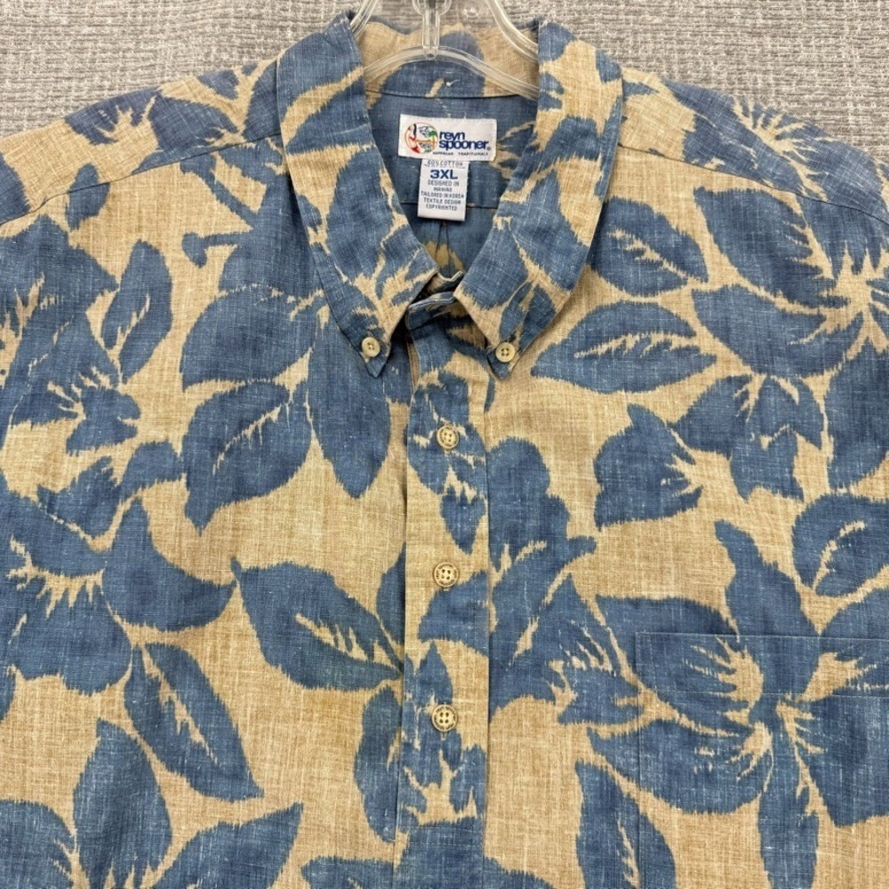 Vtg Reyn Spooner Y2K 3XL Tan Blue Bold Floral Hawaii Kloth Popover‎ Watercolor